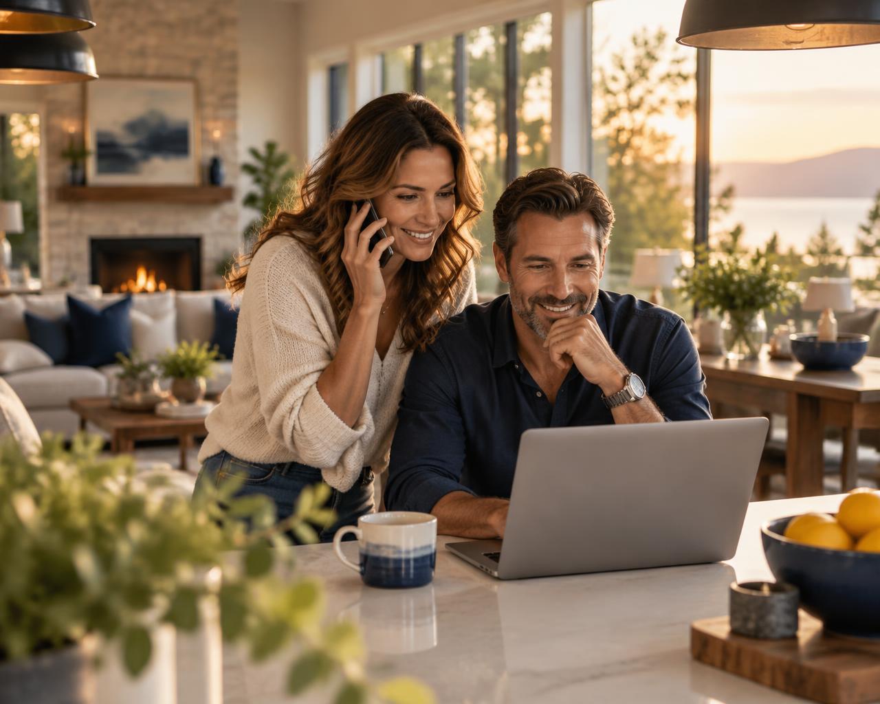 Homeowners at their kitchen island reaching out about a home service