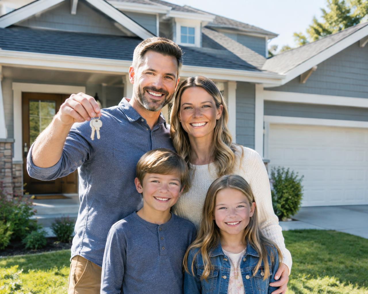 Family in front of their home holding new house keys