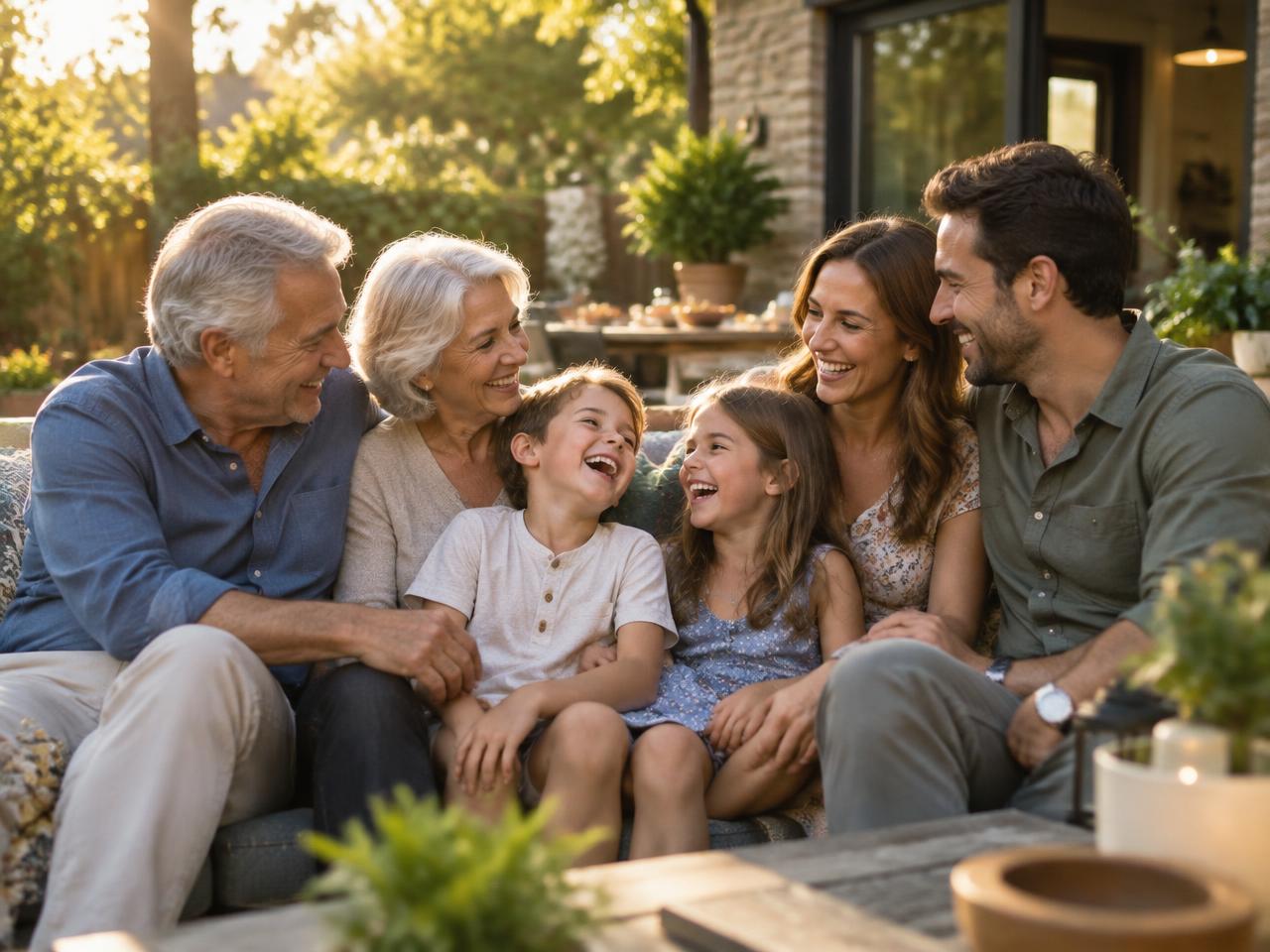 Multigenerational family laughing together on a backyard patio